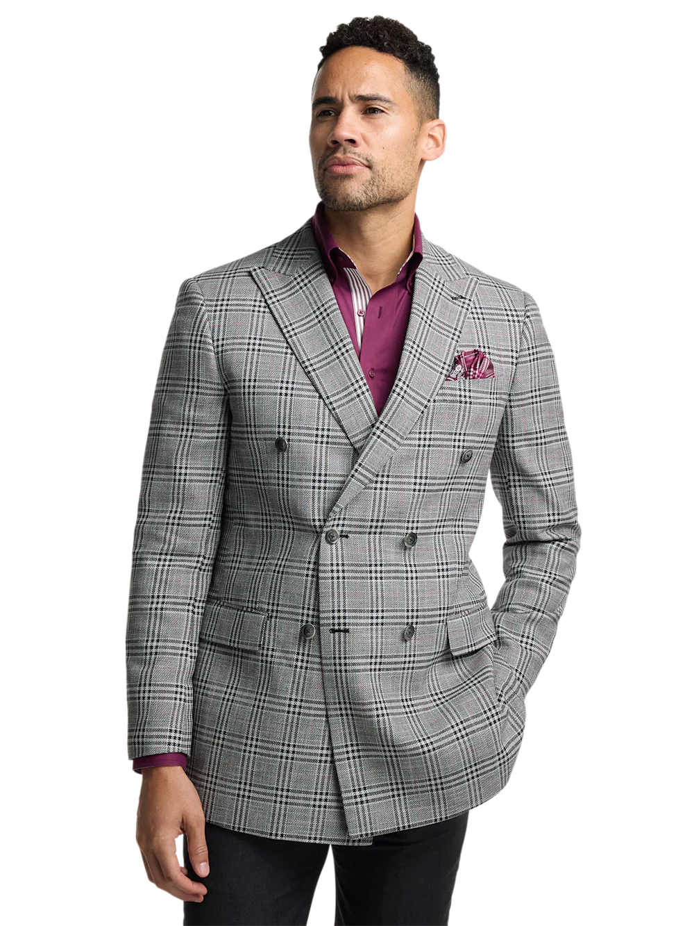 Black White Cotton Blend Plaid Double Breasted Peak Lapel Sport Coat - Black/white - Image 2