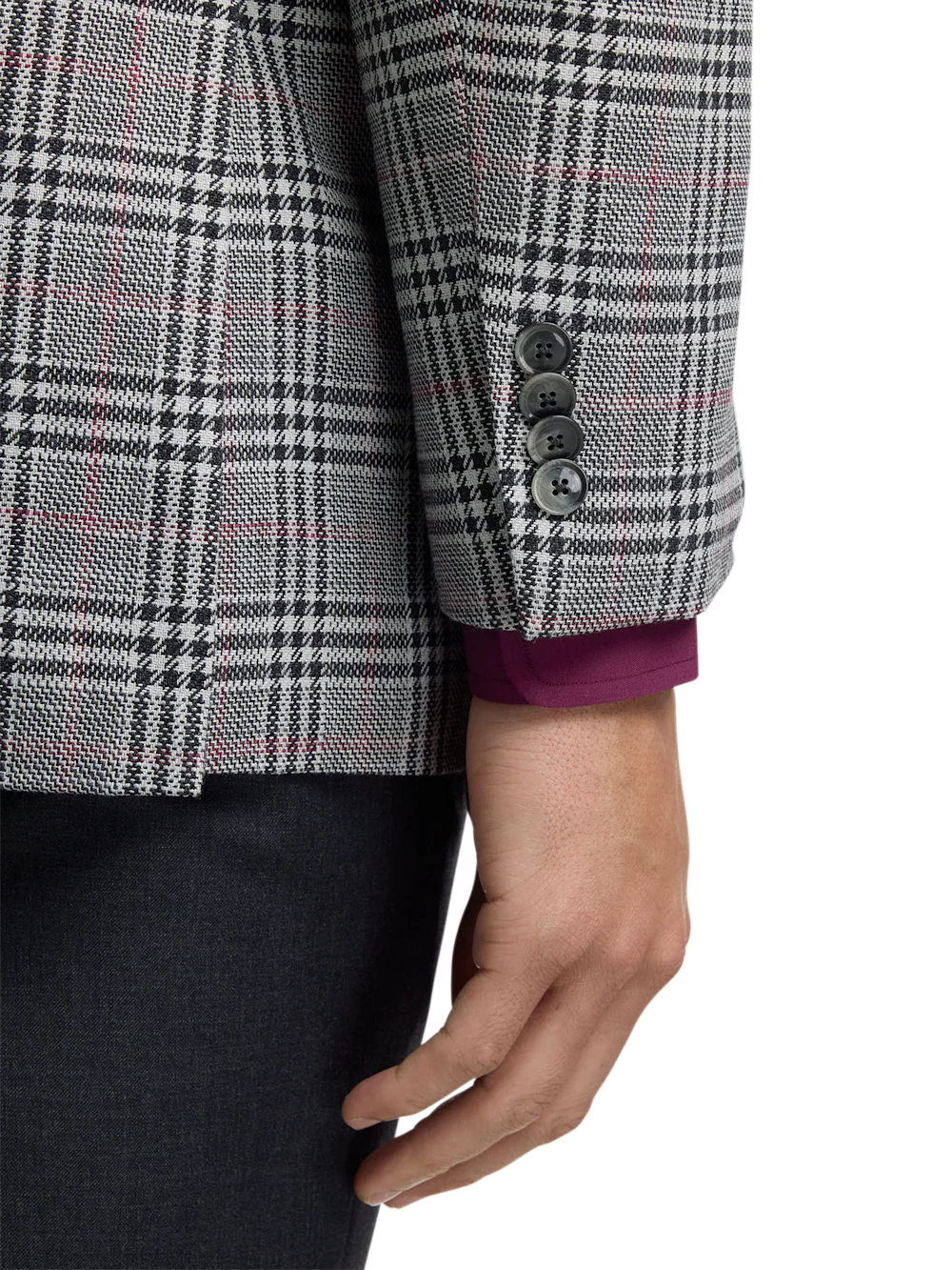 Black White Cotton Blend Plaid Double Breasted Peak Lapel Sport Coat - Black/white - Image 3