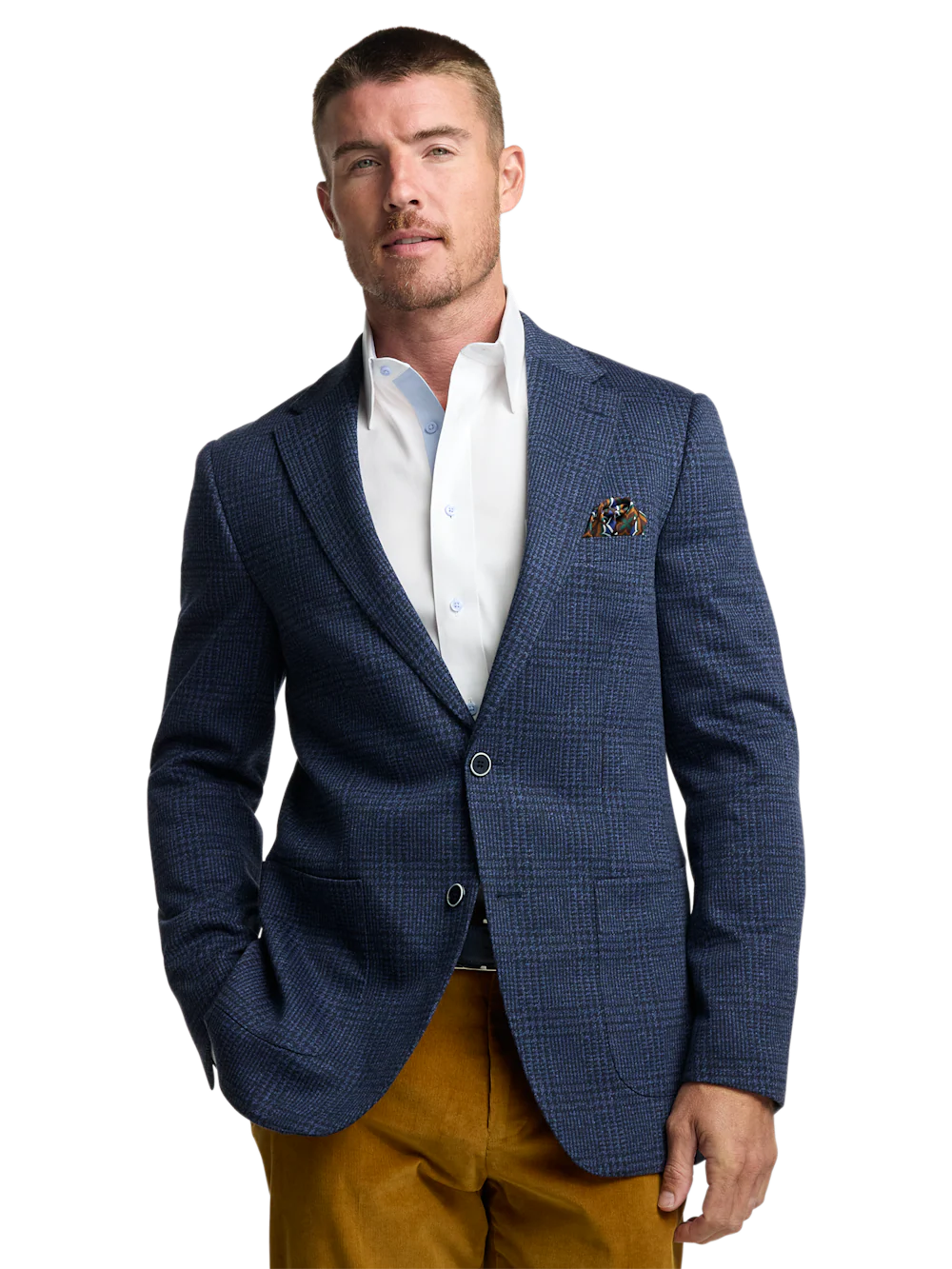 Blue Knit Plaid Single Breasted Notch Lapel Sport Coat - Blue - Image 2