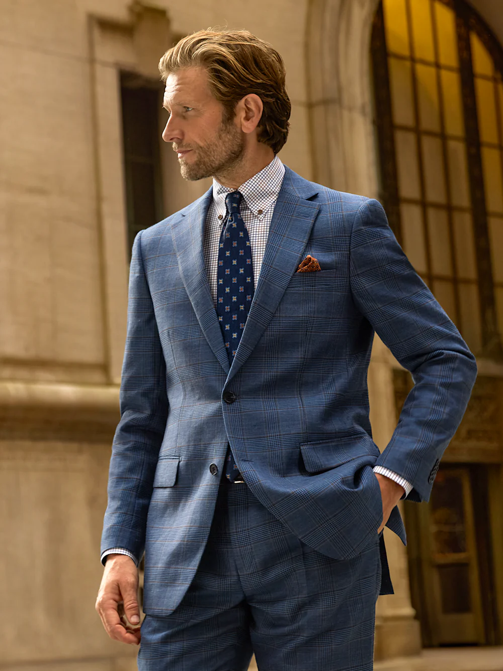 Blue/Tan Wool Blend Plaid Single Breasted Notch Lapel Suit - Blue/tan - Image 10