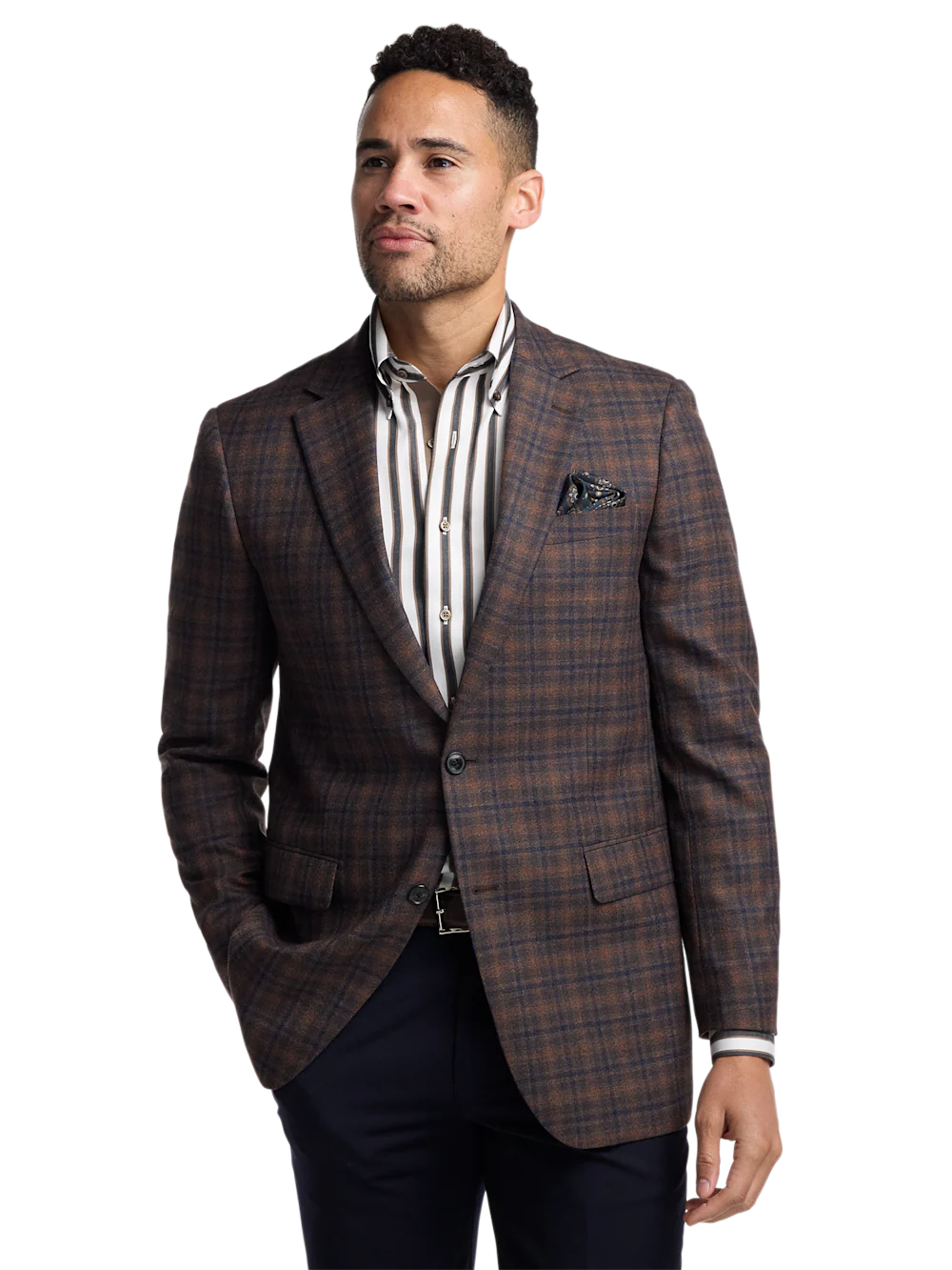 Brown/Navy Wool Blend Plaid Single Breasted Notch Lapel Sport Coat - Brown/navy - Image 2