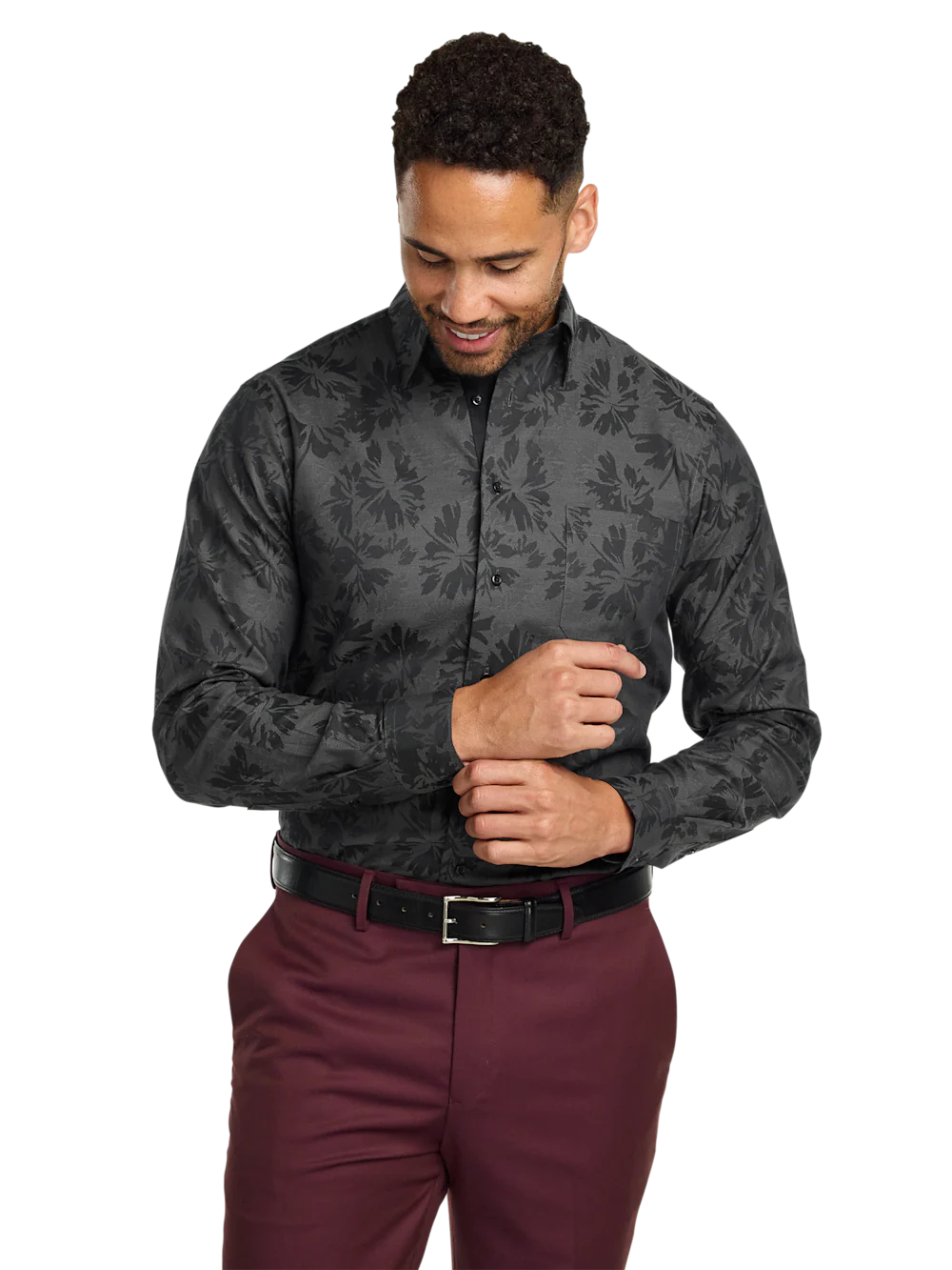 Comfort Stretch Non-Iron Botanical Dress Shirt With Contrast Trim - Charcoal - Image 2