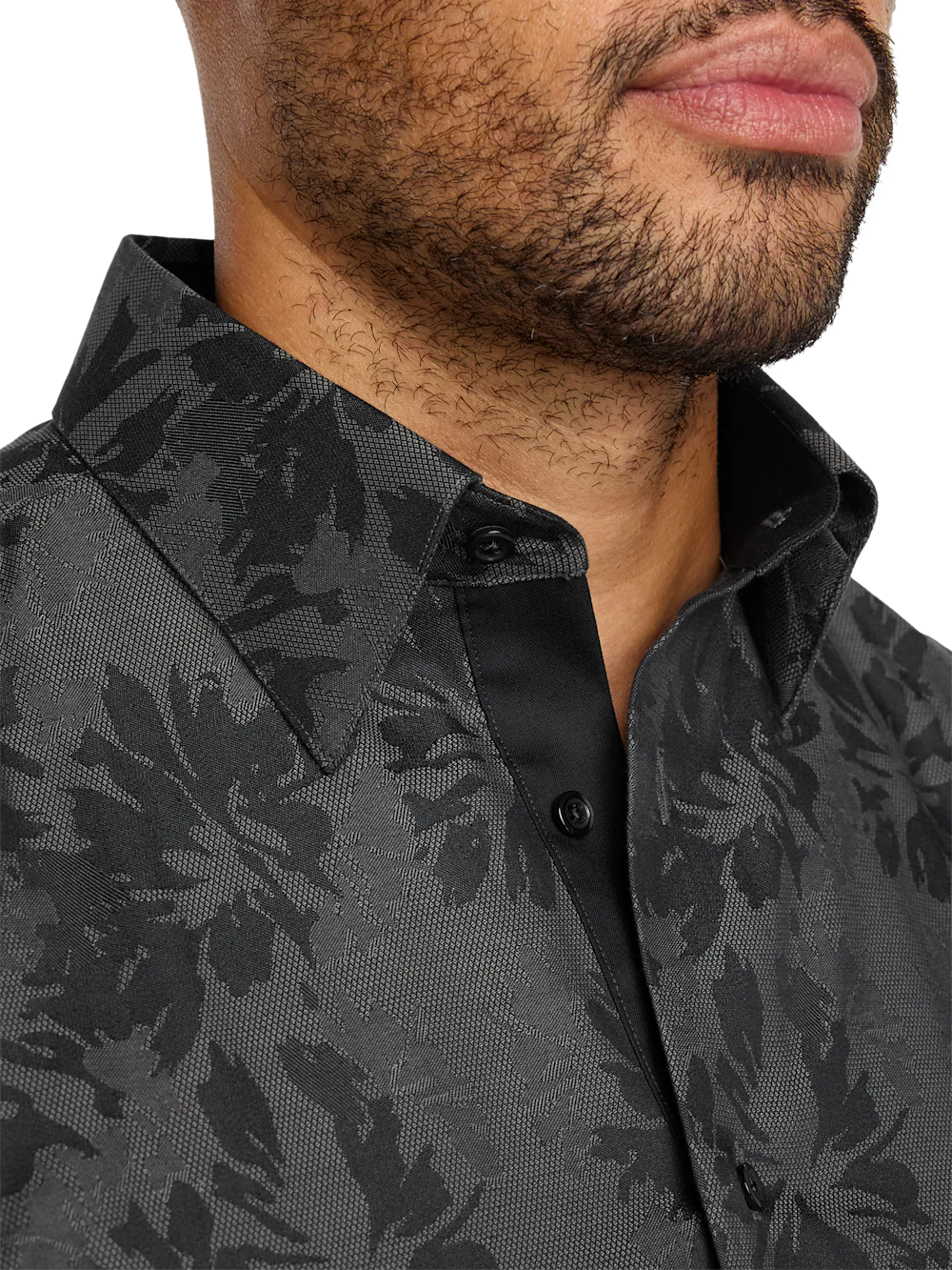 Comfort Stretch Non-Iron Botanical Dress Shirt With Contrast Trim - Charcoal - Image 3
