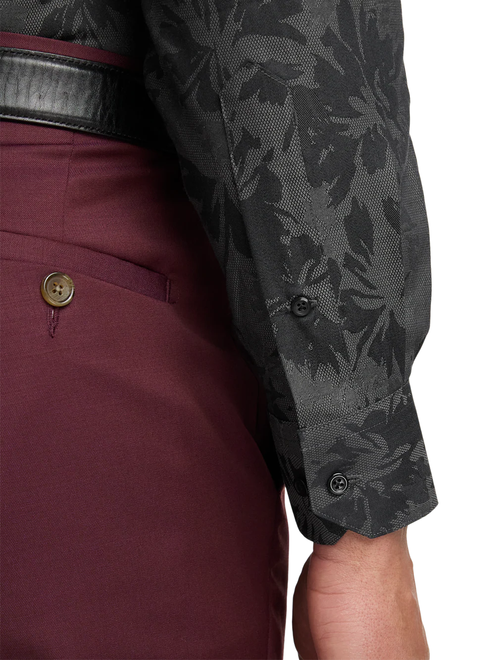 Comfort Stretch Non-Iron Botanical Dress Shirt With Contrast Trim - Charcoal - Image 4
