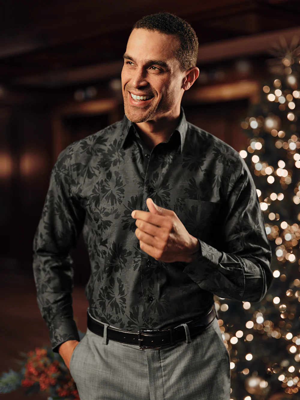 Comfort Stretch Non-Iron Botanical Dress Shirt With Contrast Trim - Charcoal - Image 8