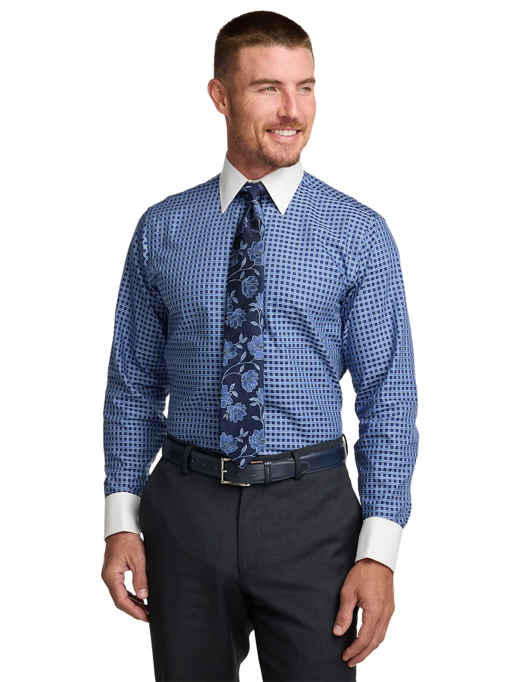 Comfort Stretch Non-Iron Check Dress Shirt - Navy - Image 2