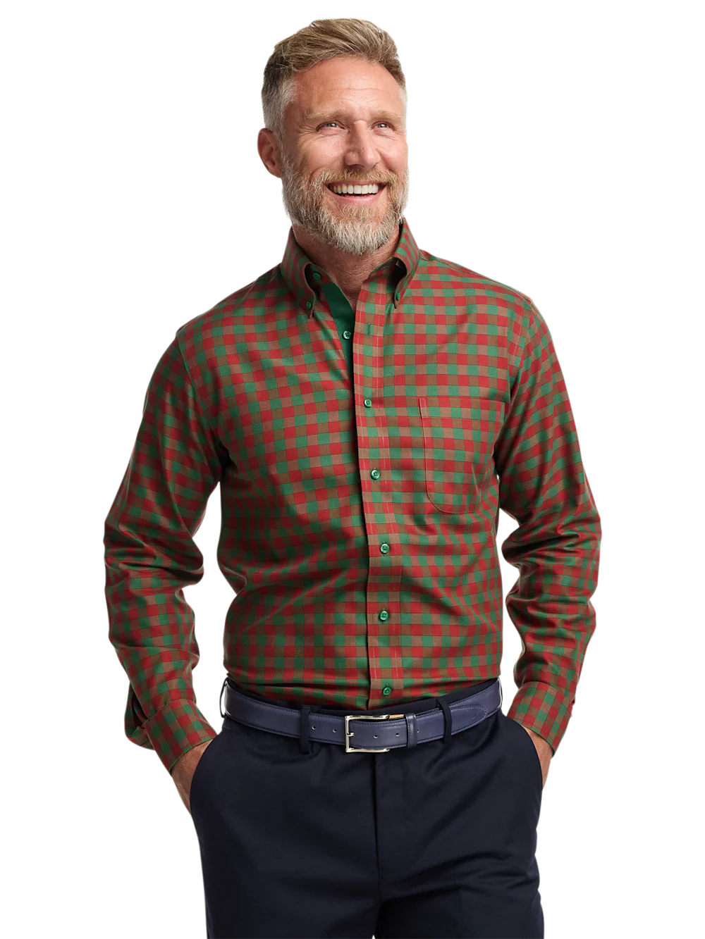 Comfort Stretch Non-Iron Check Dress Shirt With Contrast Trim - Green/rust - Image 2
