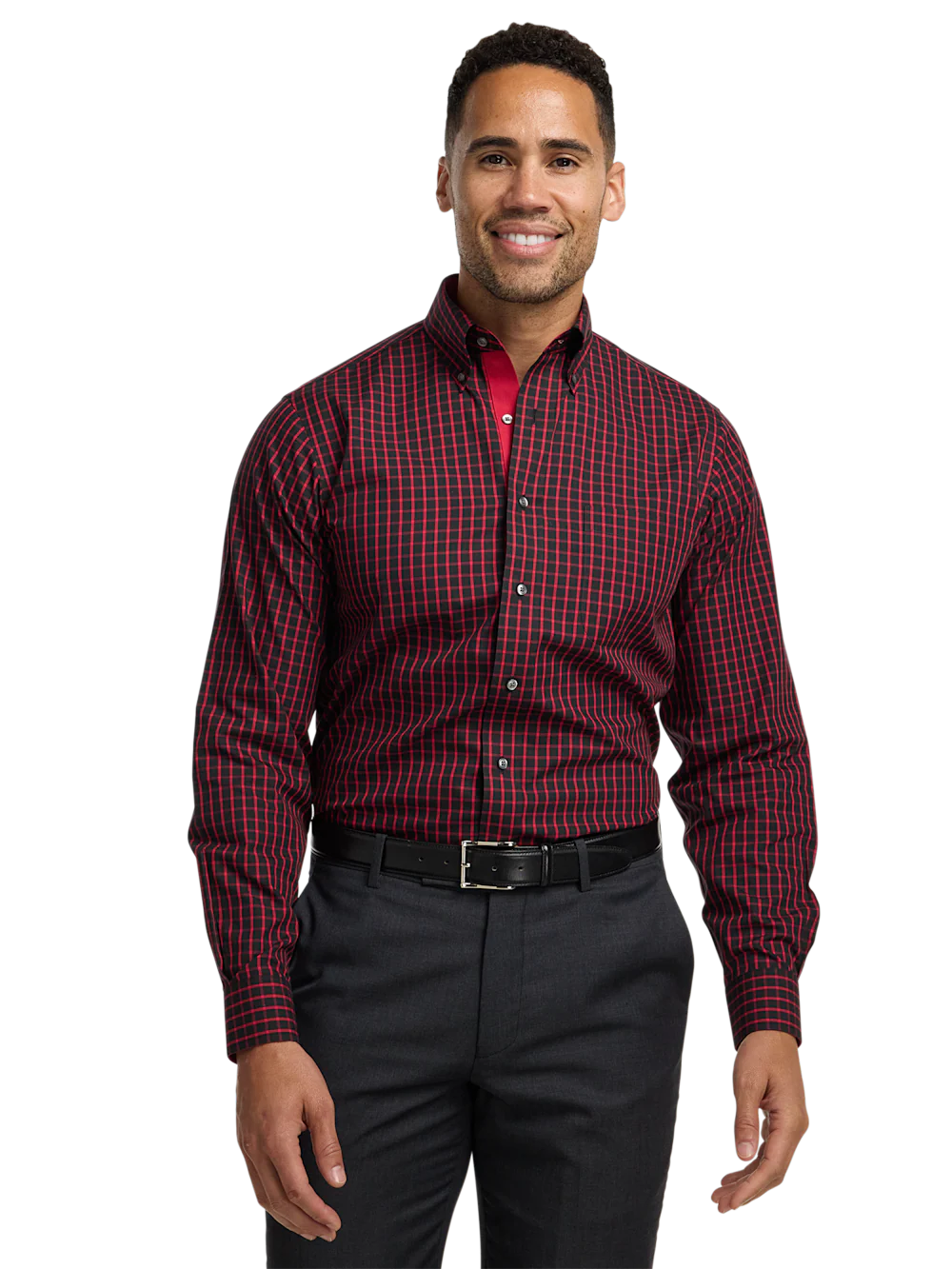 Comfort Stretch Non-Iron Check Dress Shirt With Contrast Trim - Black/red - Image 2