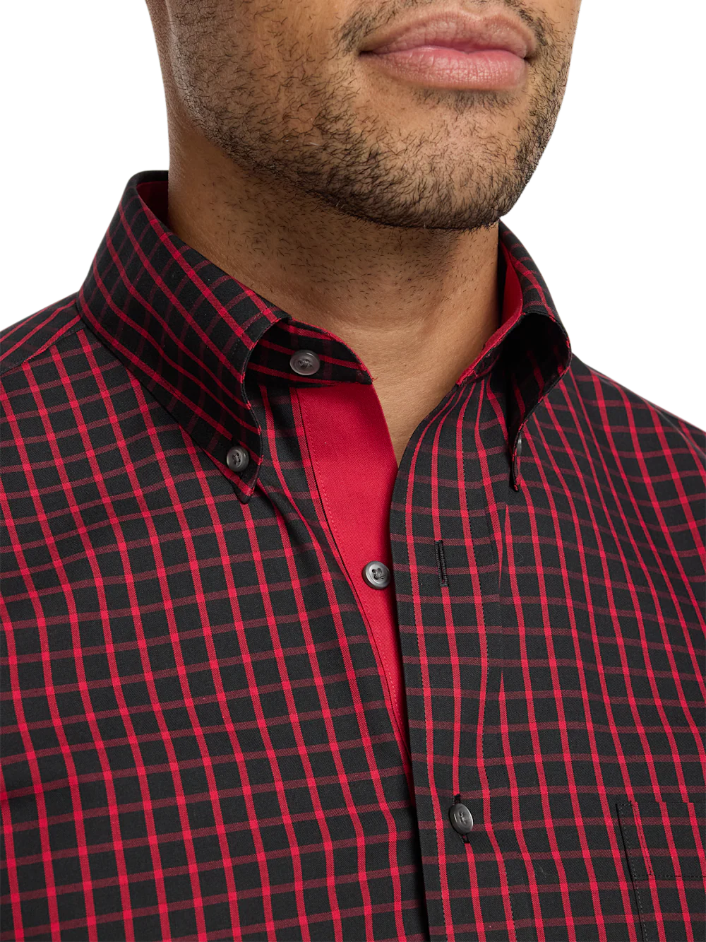 Comfort Stretch Non-Iron Check Dress Shirt With Contrast Trim - Black/red - Image 3