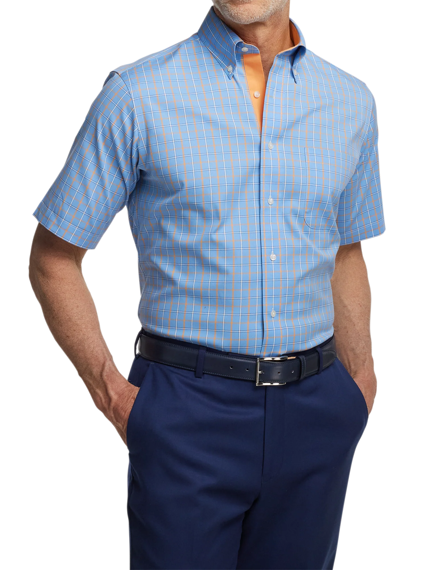 Comfort Stretch Non-Iron Check Dress Shirt With Contrast Trim - Blue/melon - Image 2