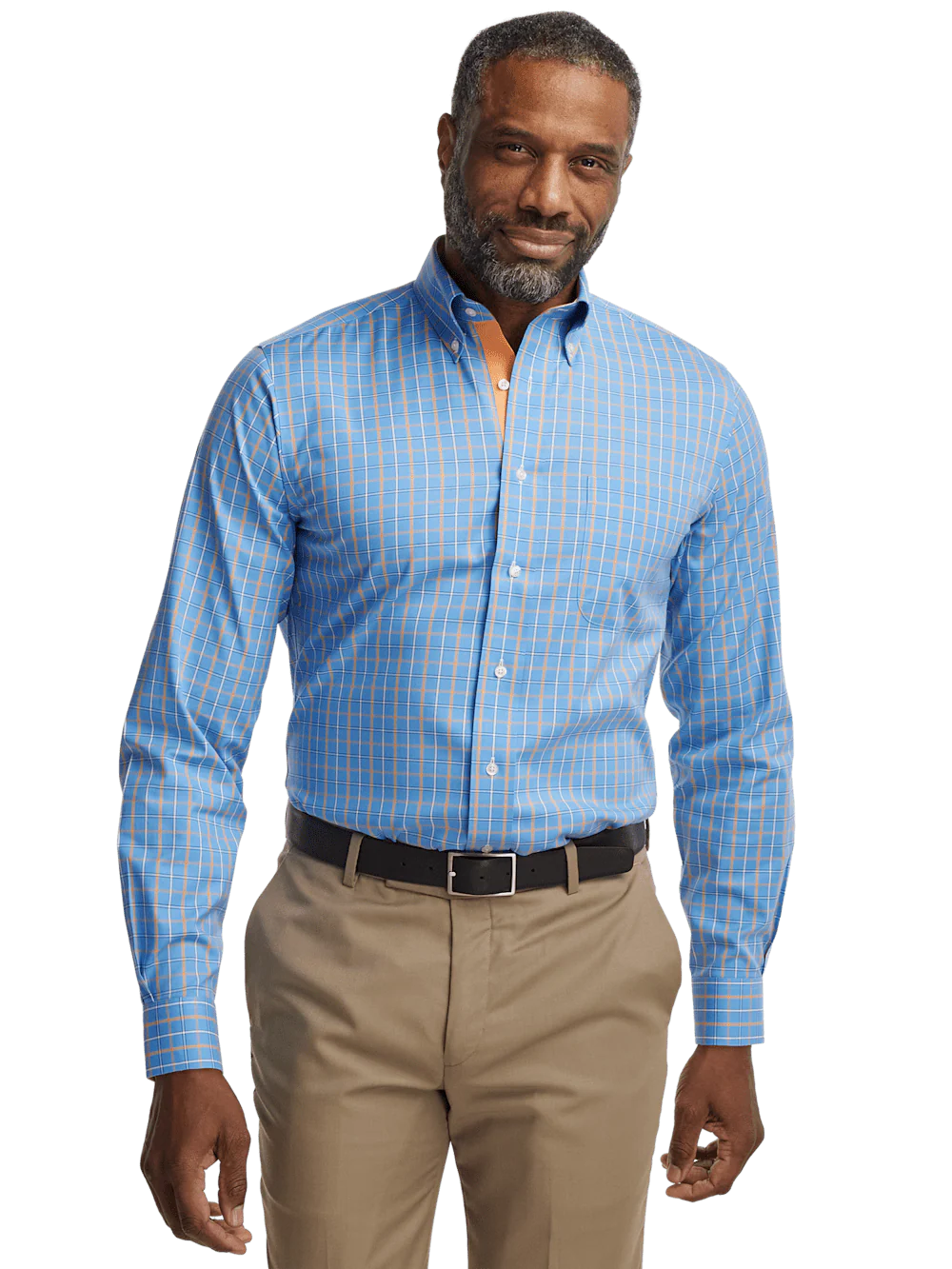 Comfort Stretch Non-Iron Check Dress Shirt With Contrast Trim - Blue/melon - Image 2