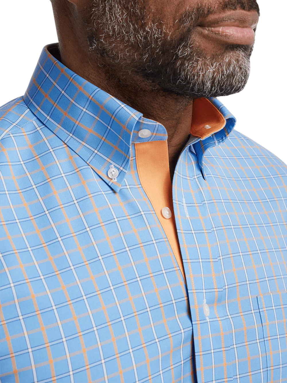 Comfort Stretch Non-Iron Check Dress Shirt With Contrast Trim - Blue/melon - Image 3