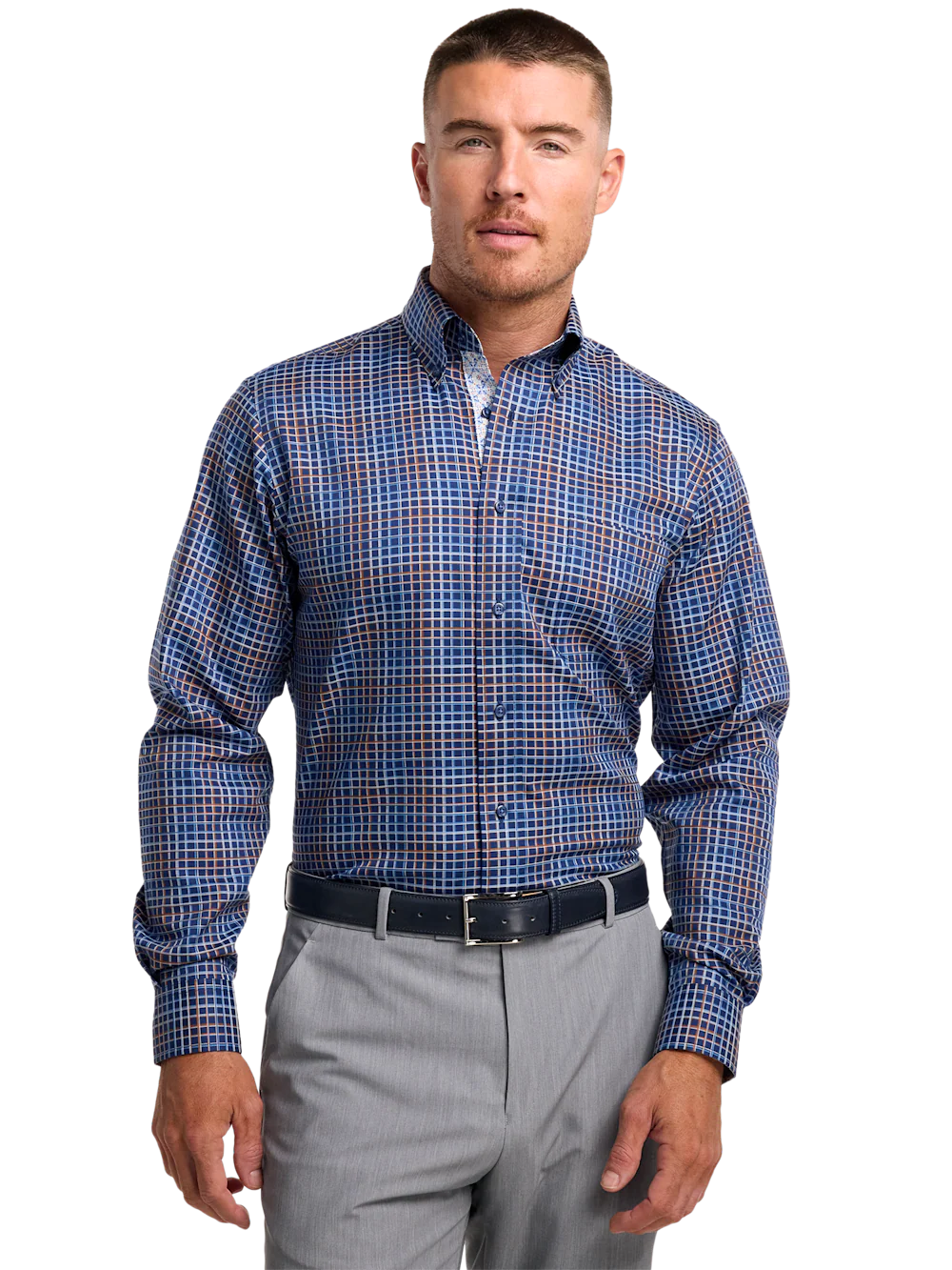 Comfort Stretch Non-Iron Check Dress Shirt With Contrast Trim - Navy Multi - Image 2