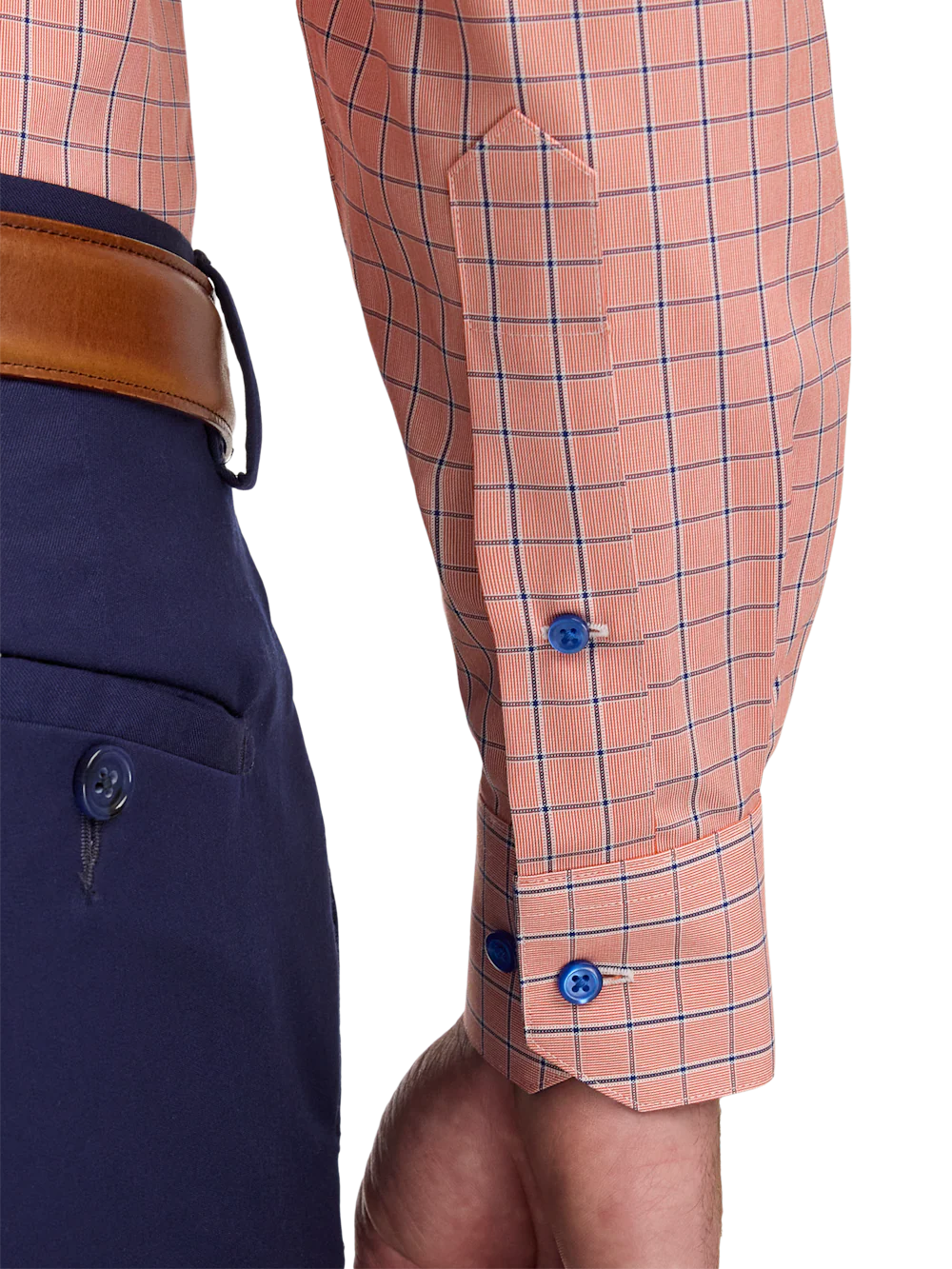 Comfort Stretch Non-Iron Check Dress Shirt With Contrast Trim - Melon/navy - Image 4