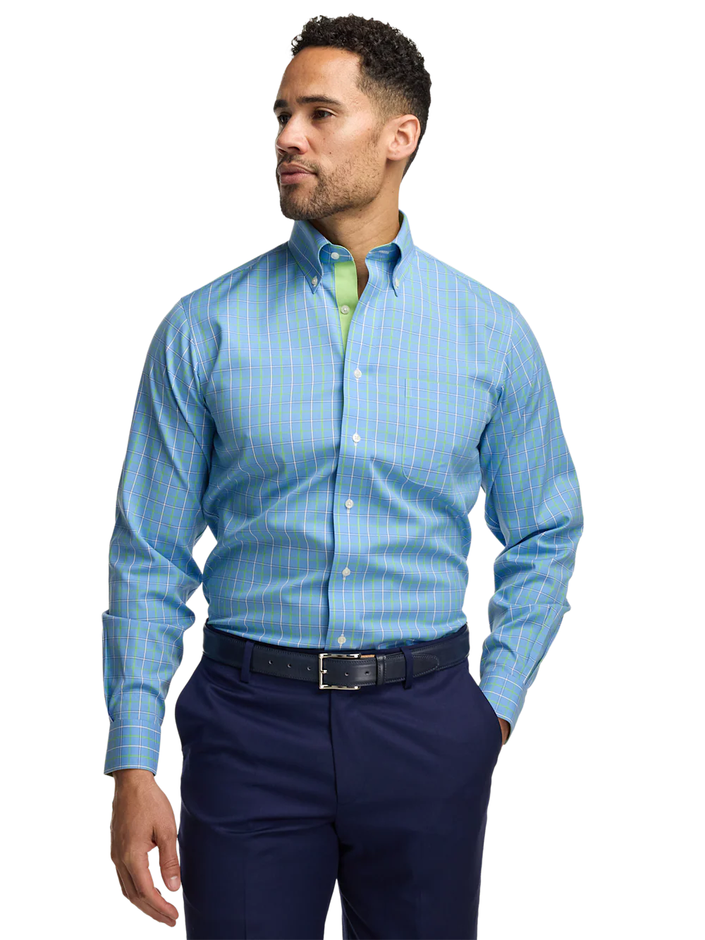 Comfort Stretch Non-Iron Check Dress Shirt With Contrast Trim - Blue/green - Image 2