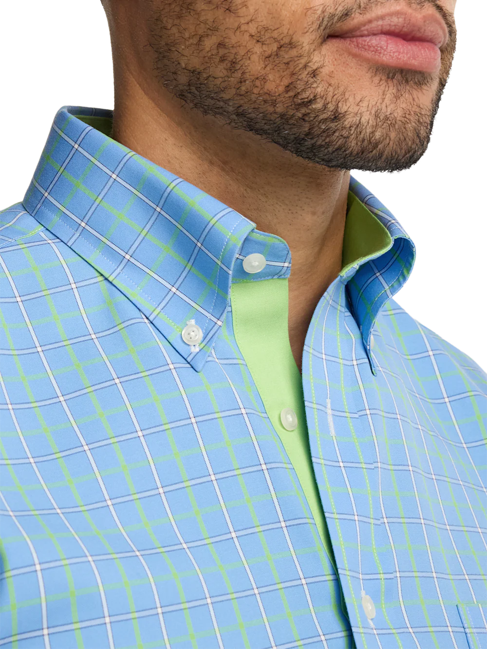 Comfort Stretch Non-Iron Check Dress Shirt With Contrast Trim - Blue/green - Image 3