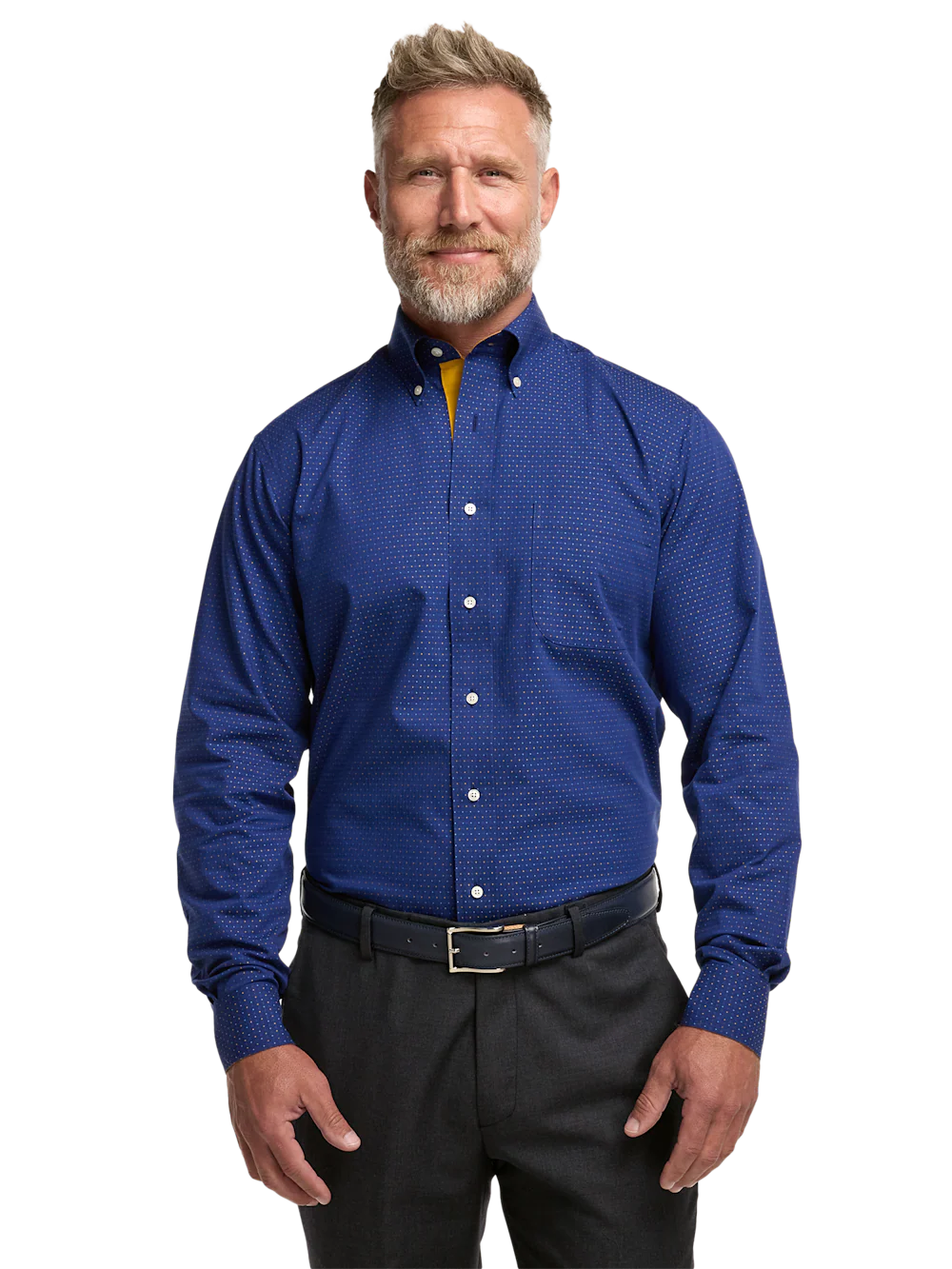 Comfort Stretch Non-Iron Dot Dress Shirt With Contrast Trim - Navy/gold - Image 2