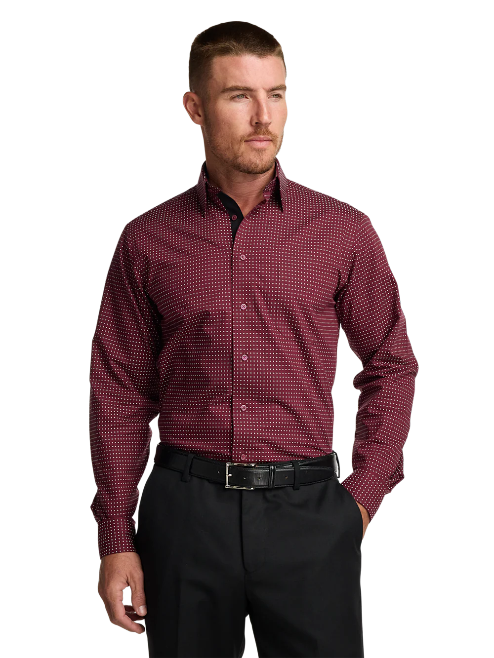 Comfort Stretch Non-Iron Dot Dress Shirt With Contrast Trim - Burgundy - Image 2