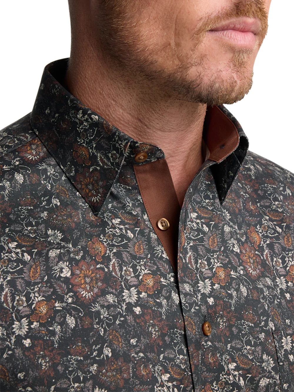 Comfort Stretch Non-Iron Floral Dress Shirt With Contrast Trim - Brown Multi - Image 3