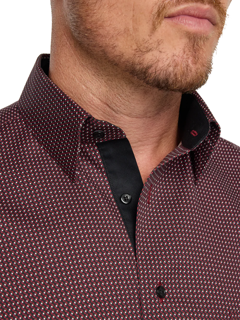 Comfort Stretch Non-Iron Geometric Dress Shirt With Contrast Trim - Black/red - Image 3