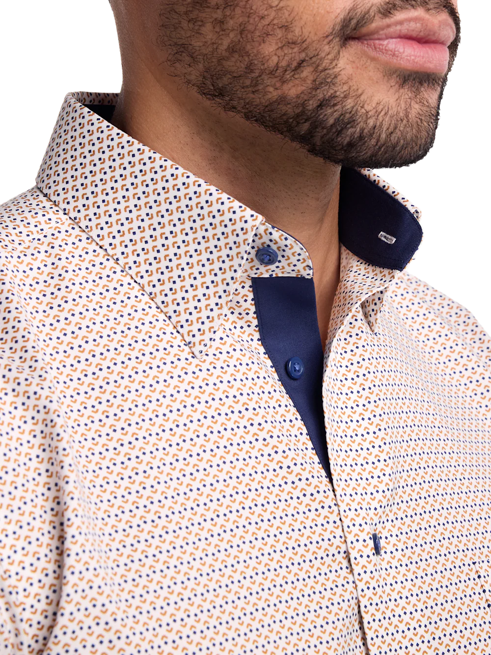 Comfort Stretch Non-Iron Geometric Dress Shirt With Contrast Trim - White Multi - Image 3