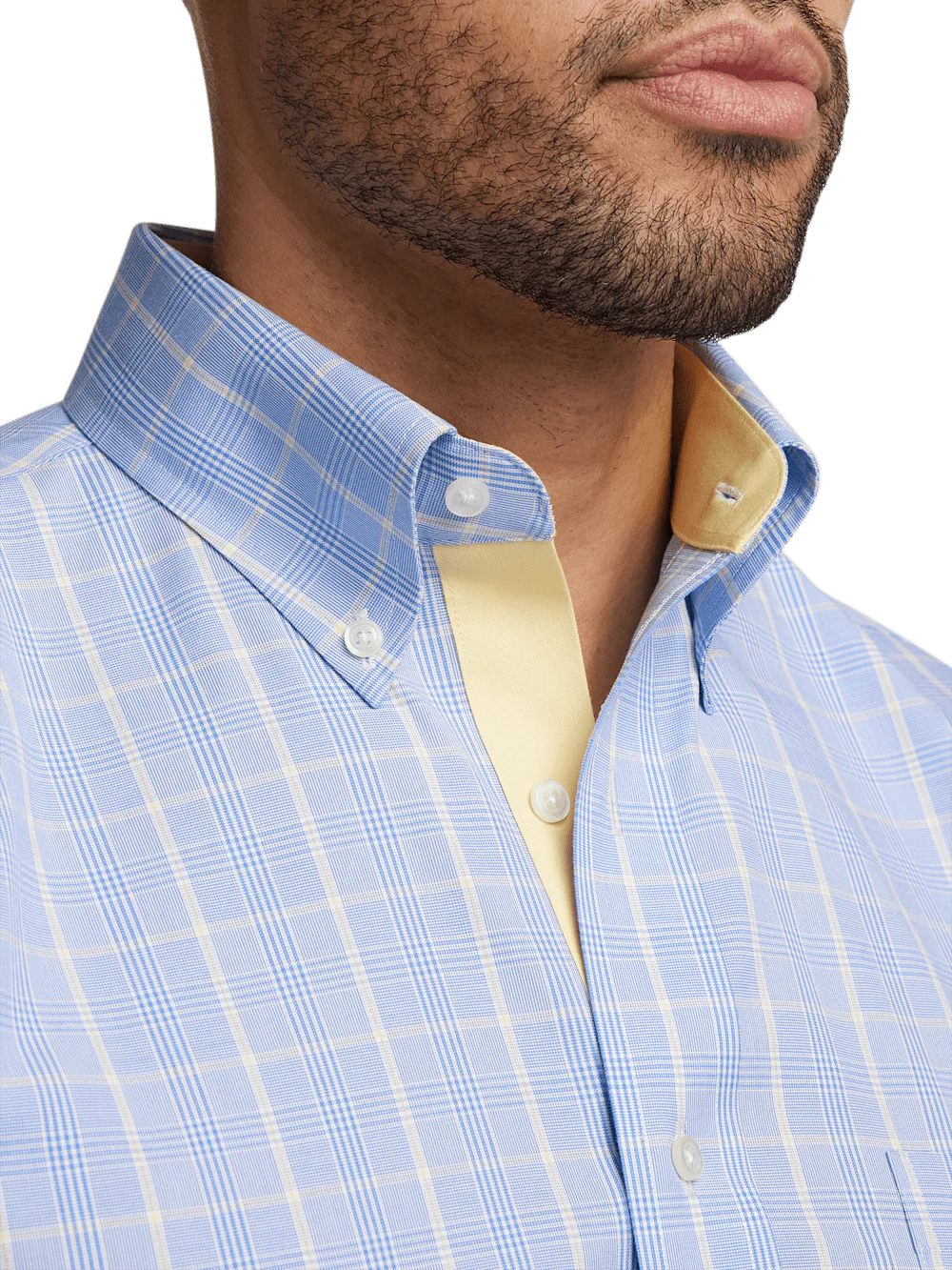Comfort Stretch Non-Iron Glen Plaid Dress Shirt With Contrast Trim - Blue - Image 3