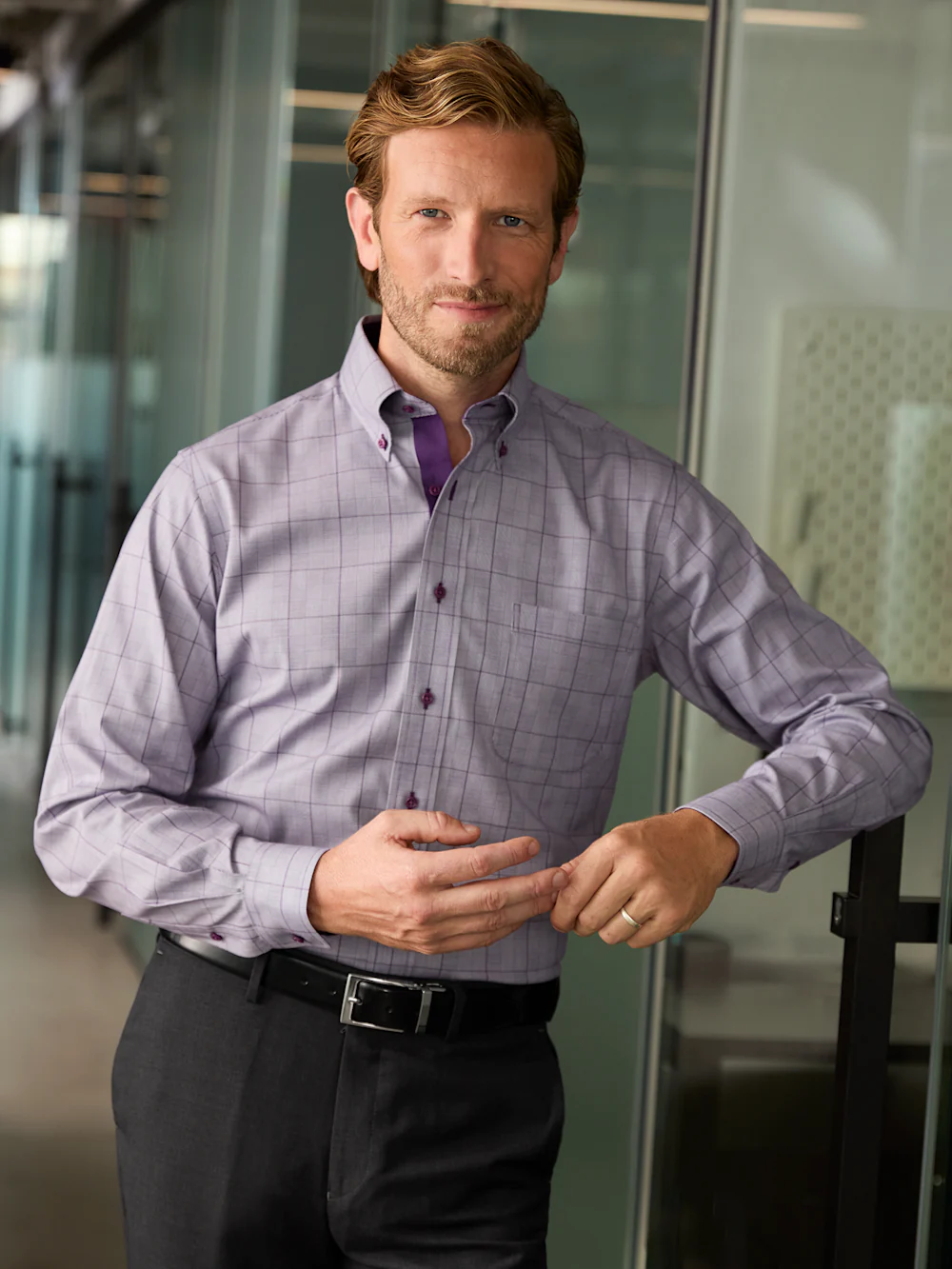 Comfort Stretch Non-Iron Glen Plaid Dress Shirt With Contrast Trim - Purple - Image 8