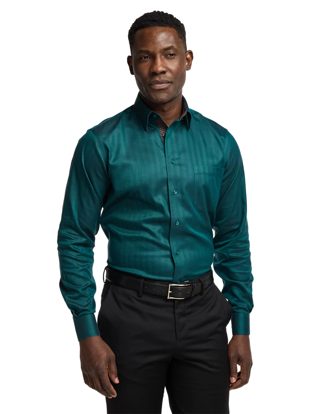 Comfort Stretch Non-Iron Herringbone Dress Shirt With Contrast Trim� - Teal - Image 2