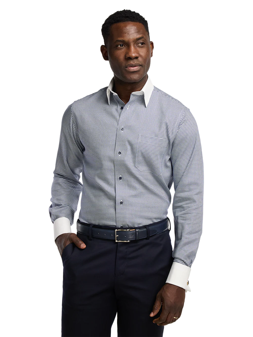 Comfort Stretch Non-Iron Houndstooth Dress Shirt - Blue - Image 2