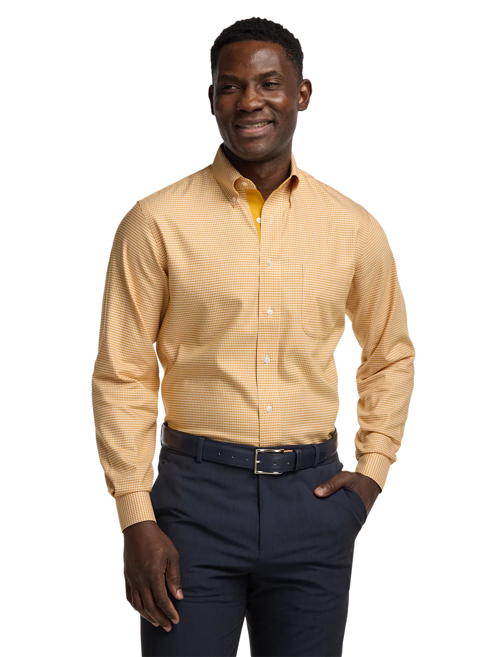 Comfort Stretch Non-Iron Houndstooth Dress Shirt With Contrast Trim - Gold - Image 2