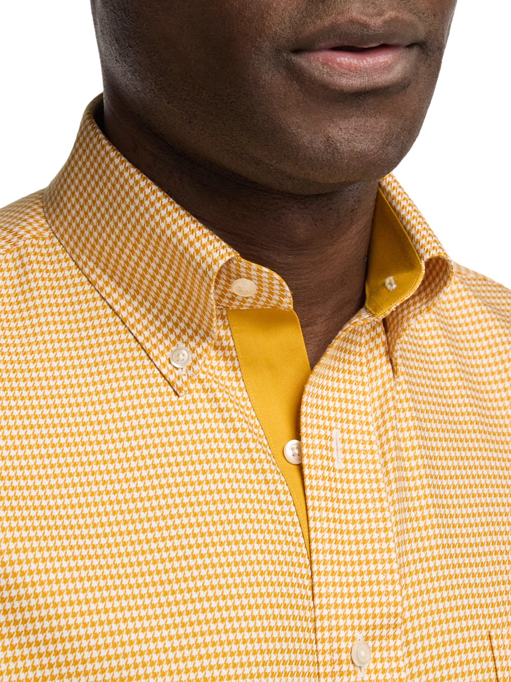 Comfort Stretch Non-Iron Houndstooth Dress Shirt With Contrast Trim - Gold - Image 3