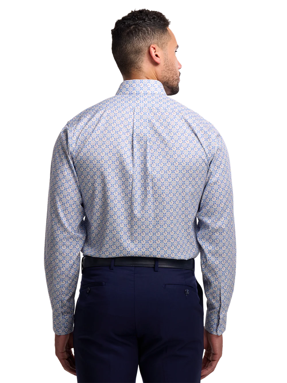 Comfort Stretch Non-Iron Medallion Dress Shirt With Contrast Trim - Blue/melon - Image 5
