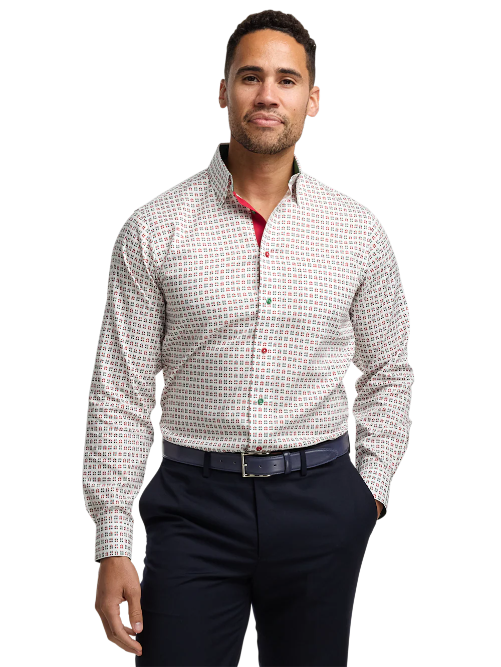 Comfort Stretch Non-Iron Novelty Dress Shirt With Contrast Trim - Red/green - Image 2
