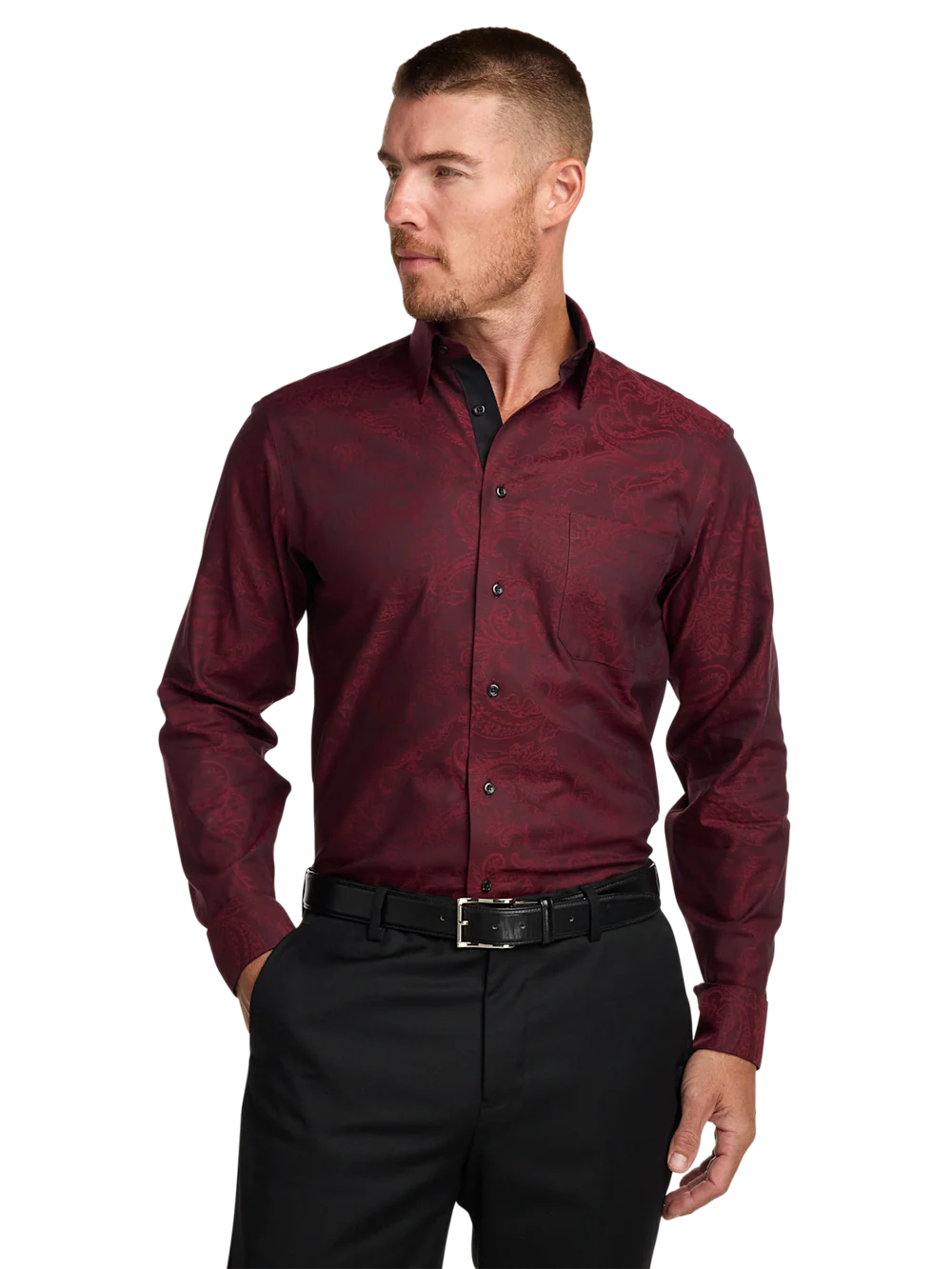 Comfort Stretch Non-Iron Paisley Dress Shirt With Contrast Trim - Burgundy - Image 2