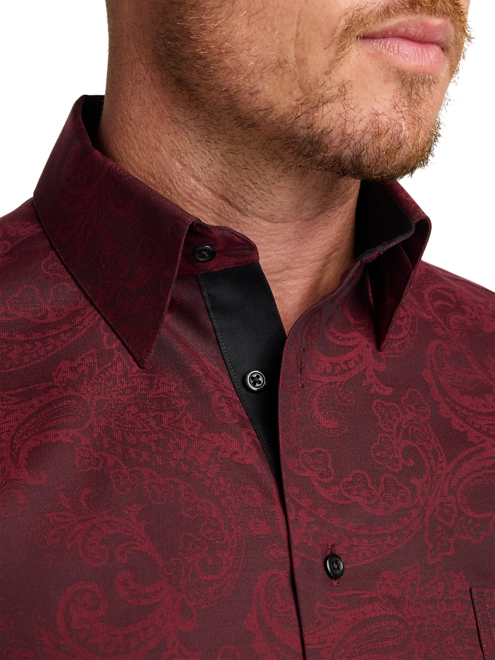 Comfort Stretch Non-Iron Paisley Dress Shirt With Contrast Trim - Burgundy - Image 3