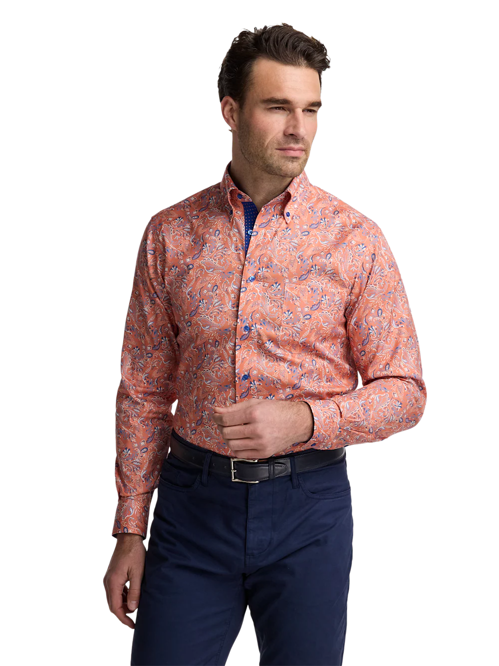 Comfort Stretch Non-Iron Paisley Dress Shirt With Contrast Trim - Melon/navy - Image 2