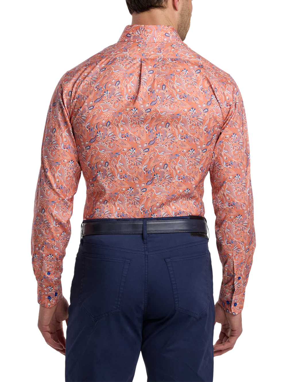 Comfort Stretch Non-Iron Paisley Dress Shirt With Contrast Trim - Melon/navy - Image 5