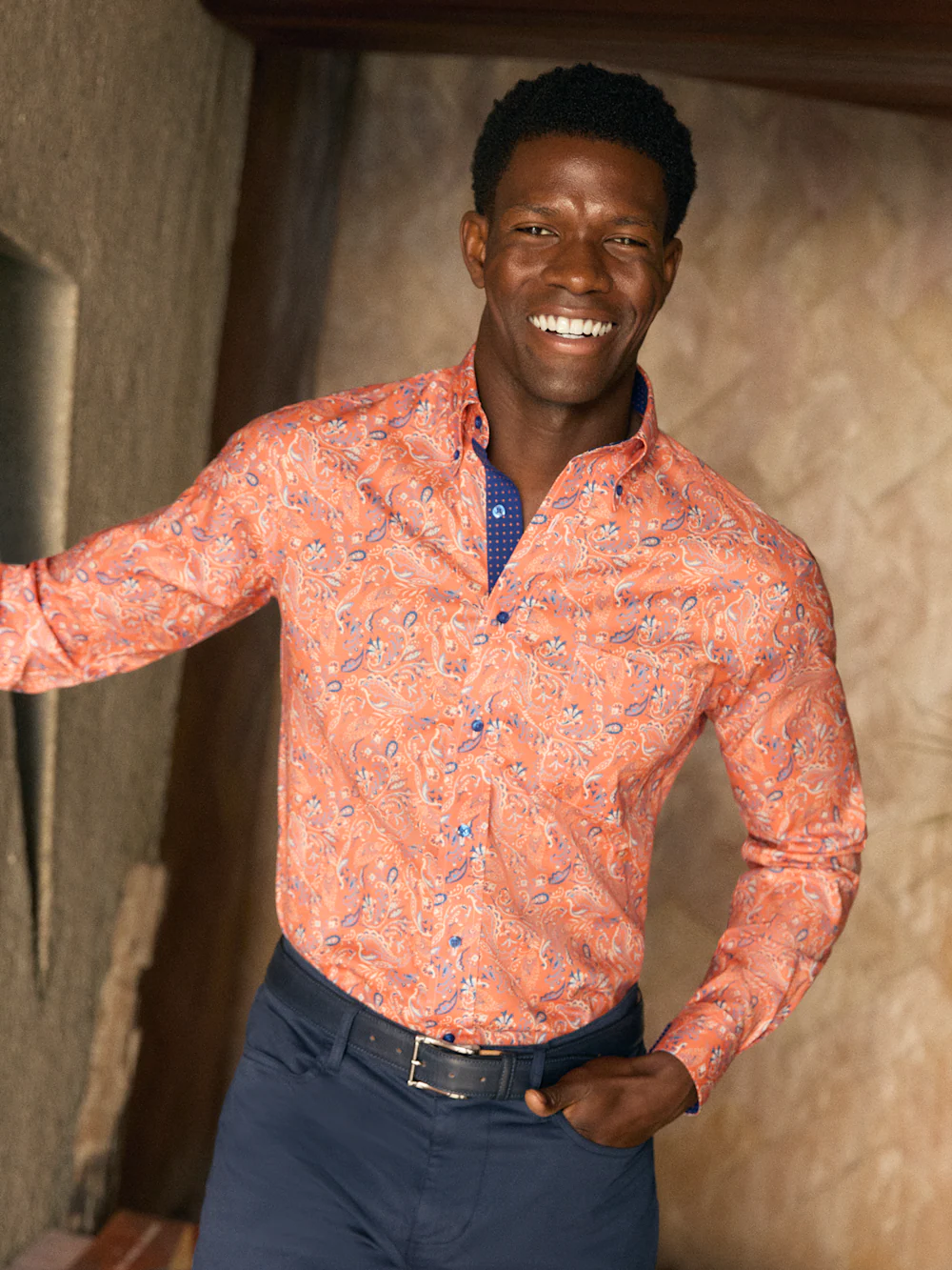 Comfort Stretch Non-Iron Paisley Dress Shirt With Contrast Trim - Melon/navy - Image 7