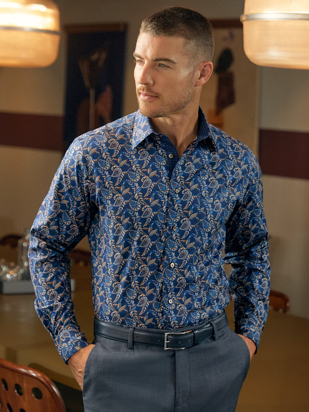 Comfort Stretch Non-Iron Paisley Dress Shirt With Contrast Trim - Navy Multi - Image 8
