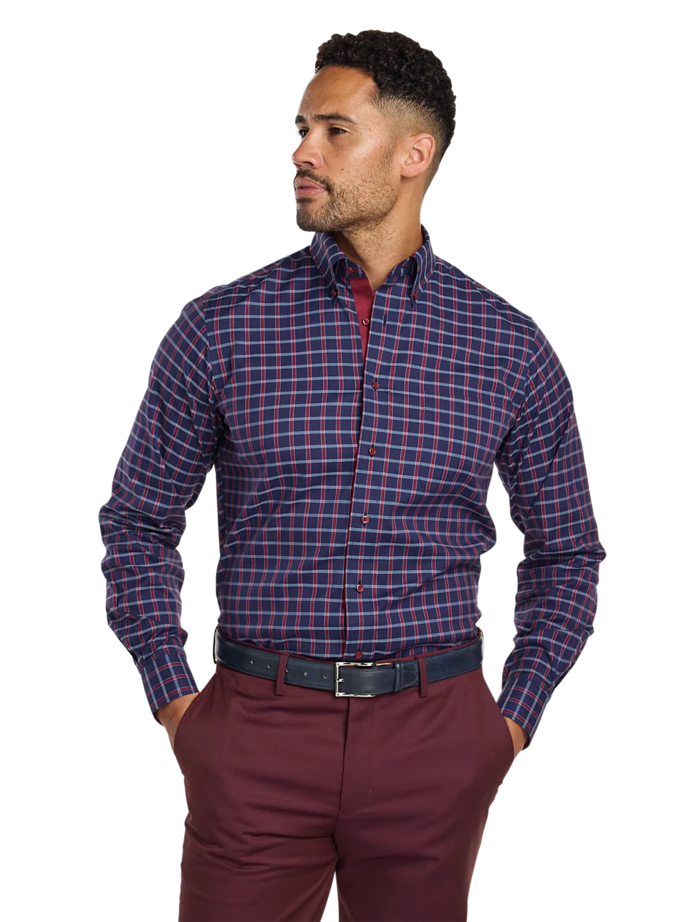 Comfort Stretch Non-Iron Plaid Dress Shirt With Contrast Trim - Navy/red - Image 2