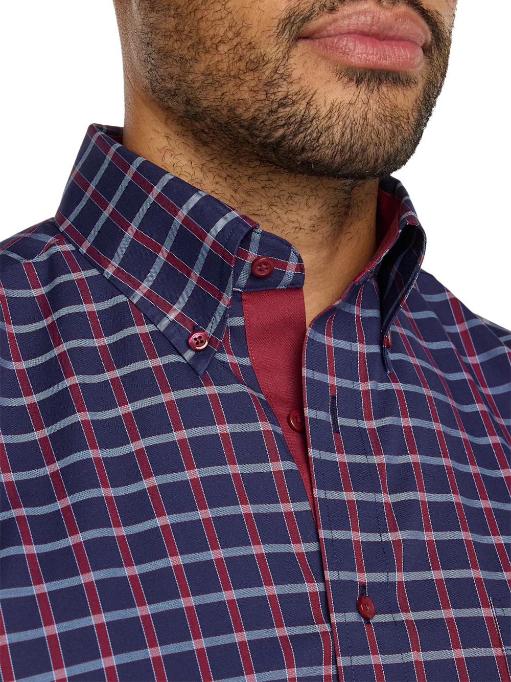 Comfort Stretch Non-Iron Plaid Dress Shirt With Contrast Trim - Navy/red - Image 3