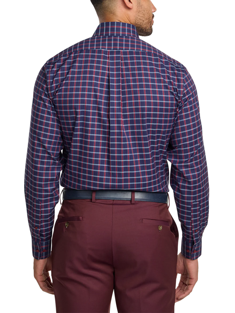 Comfort Stretch Non-Iron Plaid Dress Shirt With Contrast Trim - Navy/red - Image 5