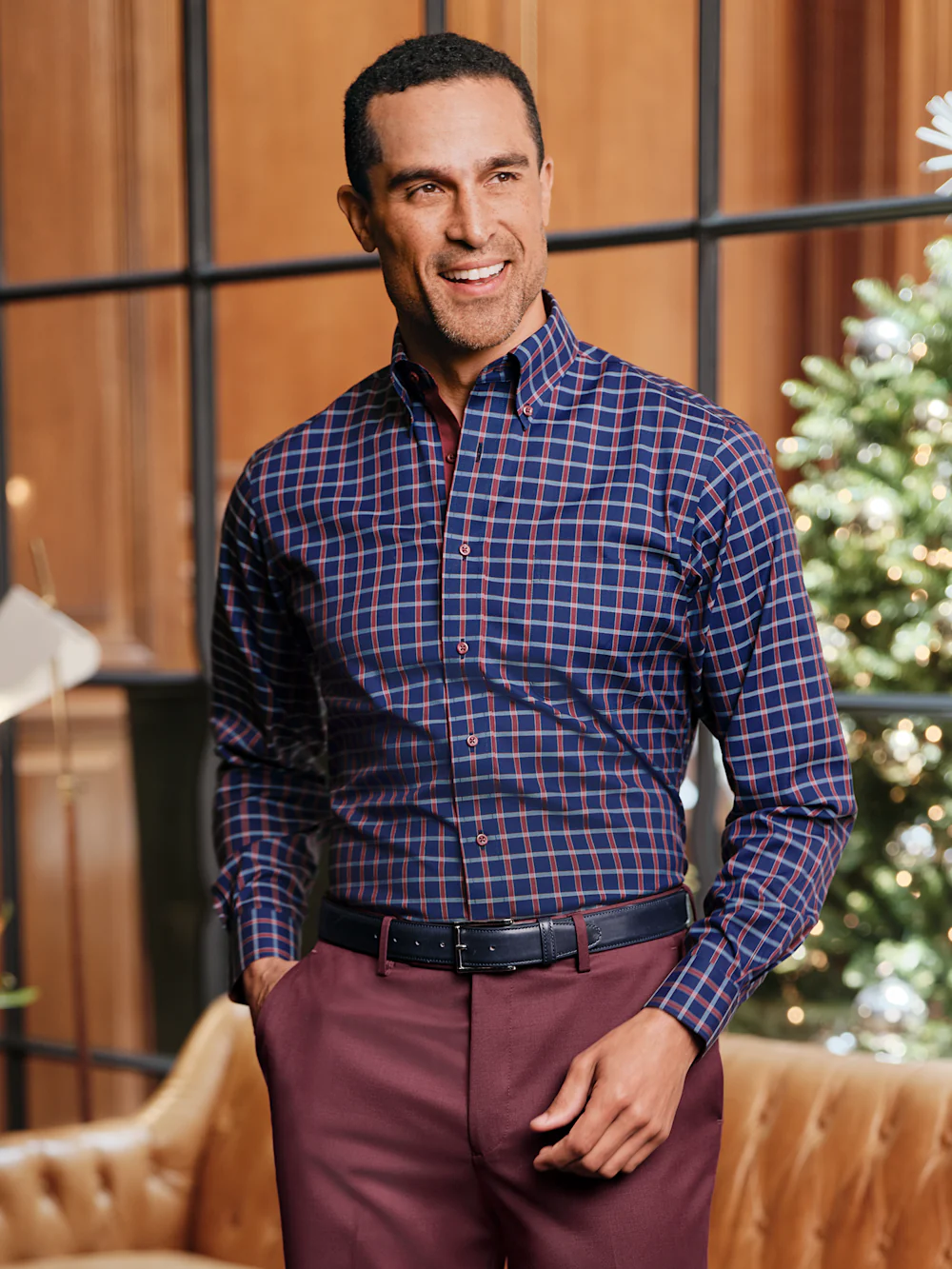 Comfort Stretch Non-Iron Plaid Dress Shirt With Contrast Trim - Navy/red - Image 8
