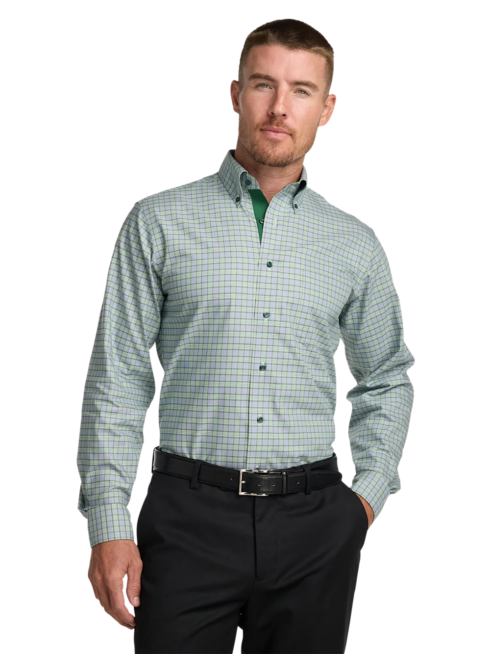 Comfort Stretch Non-Iron Plaid Dress Shirt With Contrast Trim - Green - Image 2
