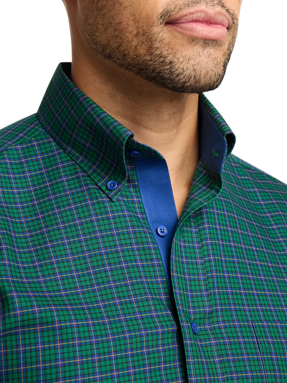 Comfort Stretch Non-Iron Plaid Dress Shirt With Contrast Trim - Green/blue - Image 3