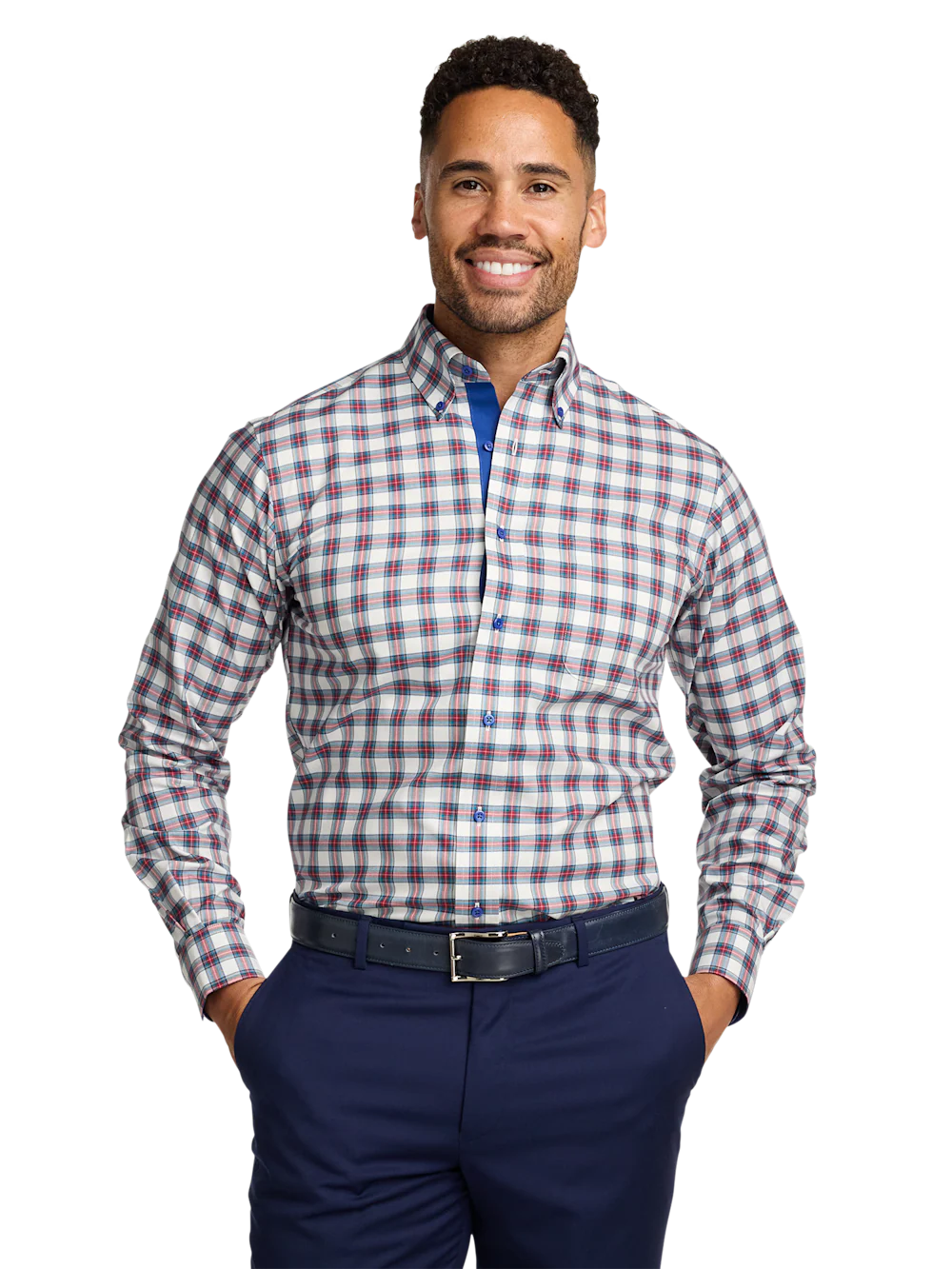 Comfort Stretch Non-Iron Plaid Dress Shirt With Contrast Trim - White Multi - Image 2