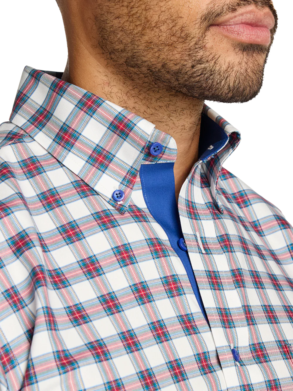 Comfort Stretch Non-Iron Plaid Dress Shirt With Contrast Trim - White Multi - Image 3