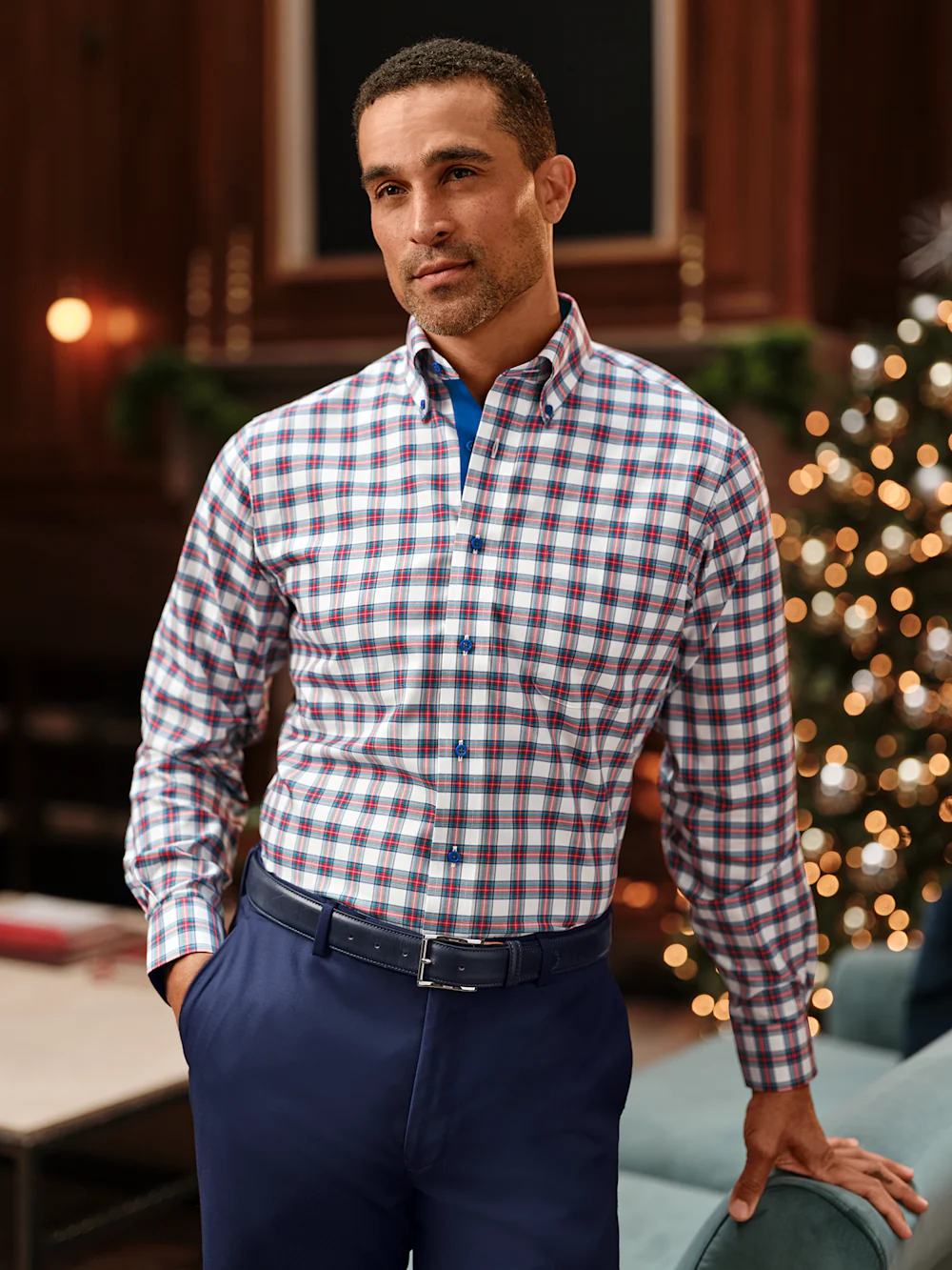 Comfort Stretch Non-Iron Plaid Dress Shirt With Contrast Trim - White Multi - Image 8