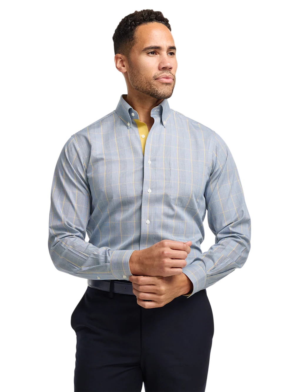 Comfort Stretch Non-Iron Plaid Dress Shirt With Contrast Trim - Navy/gold - Image 2