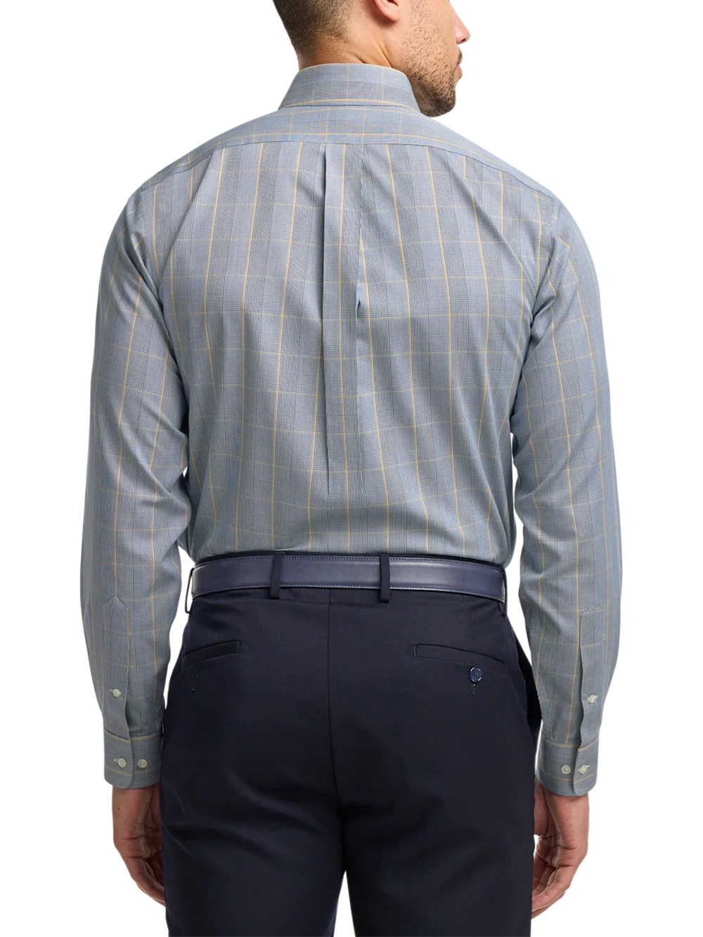 Comfort Stretch Non-Iron Plaid Dress Shirt With Contrast Trim - Navy/gold - Image 5